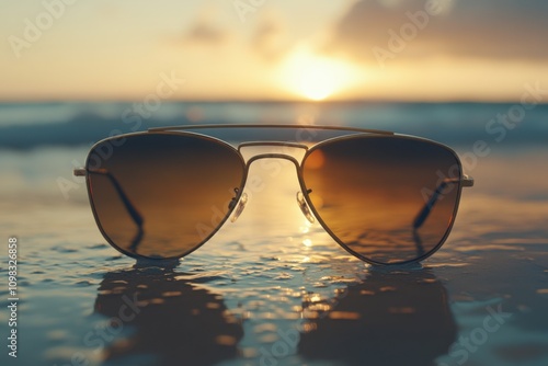 Empty promotional sunglasses on face with lens reflection visible, captured using portrait lens on beach sunset lighting, with copy space photo