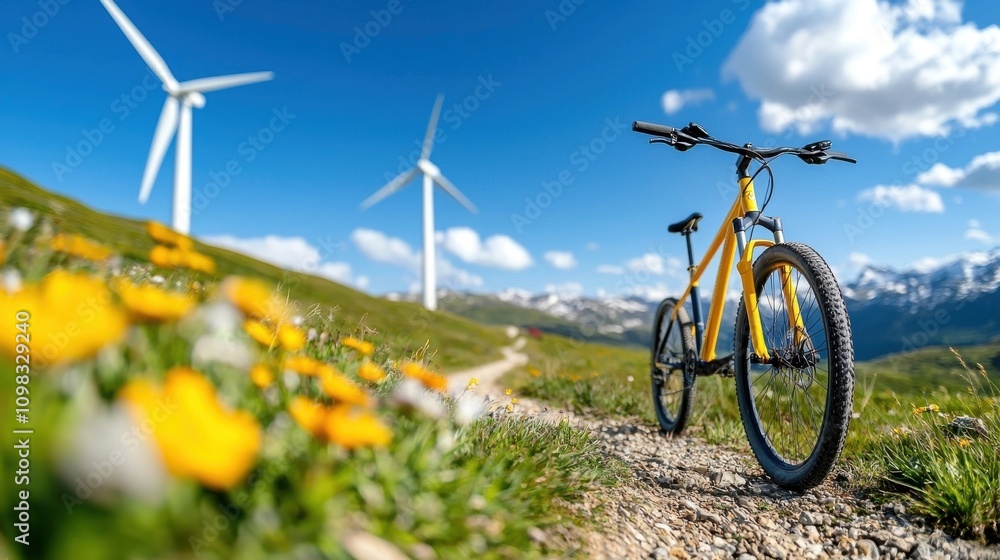 Obraz premium Renewable Energy Wind Turbines Amidst Beautiful Mountain Meadow with Bicycles for Outdoor Recreation and Eco Friendly Sustainable Lifestyle