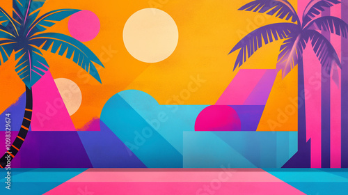 Vibrant and Colorful 80s Miami Beach Graffiti Style Background with Palms, Geometric Shapes and copy space.