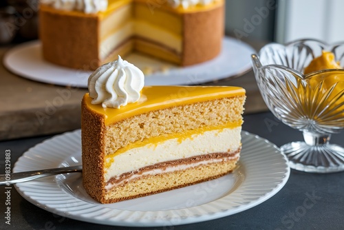 A photo of a slice of cake placed on a white plate photo