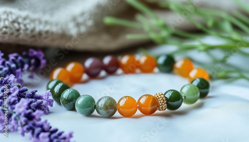 Elegant Nephrite Beads Bracelet Featuring Natural Jasper, Orange Agate, And Purple Lavender Flowers With Golden Pendant And Green Jade Gemstone Accessory photo