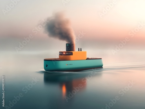 Environmentally conscious autonomous cargo ship navigating a tranquil coastal seascape showcasing a sleek photo