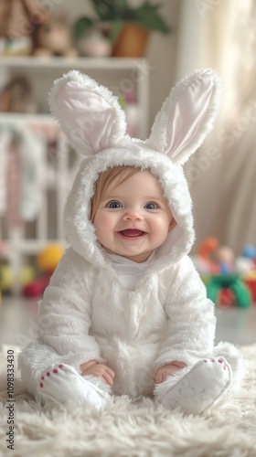 Sweet child in a white rabbit costume, captured in a whimsical cosplay photoshoot with a playful, magical vibe