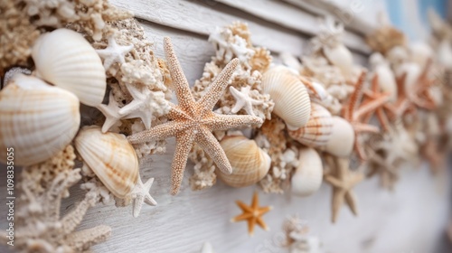 Beach-inspired garland draped with shells, coral, and sea stars. photo