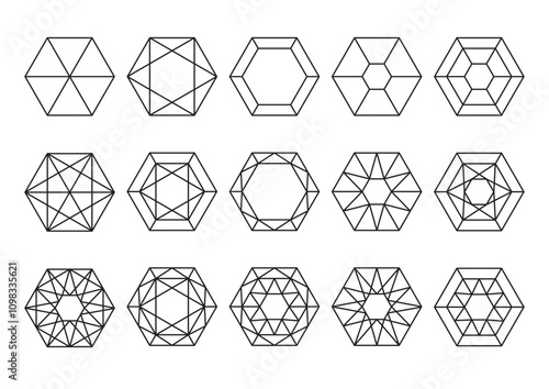 Round brilliant cut diamond on white background. Diamond cut shape in line design. Vector illustration.