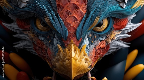 Fierce and majestic mythical bird of prey with vibrant colorful feathers piercing eyes and powerful talons against a textured abstract background photo