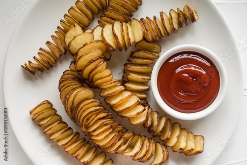 A top view of a white plate with cooked tornado or twist potato fries photo