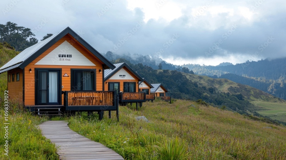 Fototapeta premium Rustic wooden cabins nestled in a lush mountainous landscape with overcast skies offering a peaceful and serene retreat from the hustle and bustle of everyday life
