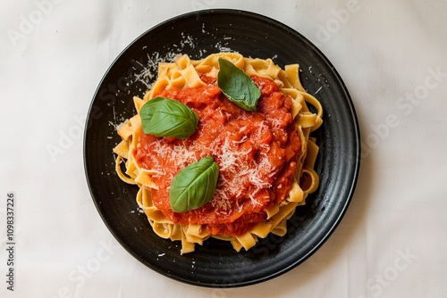 homemade pasta tagliatelle on a black plate photo