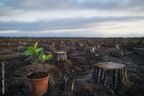 Symbol of Hope: Green Sapling in a Barren Deforested Landscape