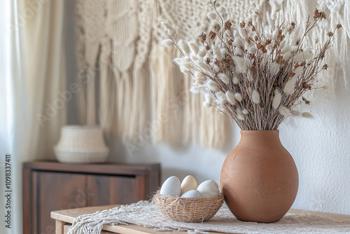 Minimalist Easter Decor with Dried Flowers and Pastel Eggs
