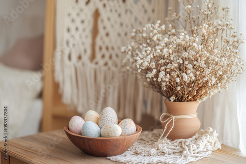 Minimalist Easter Decor with Dried Flowers and Pastel Eggs