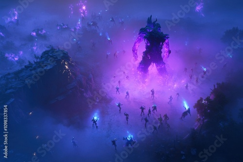 Massive world boss spawning with players rushing in with world event UI and player dots on minimap, captured using wide lens on ominous boss aura lighting, with copy space