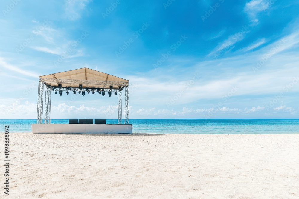 Naklejka premium Outdoor concert stage on a sandy beach with clear blue sky