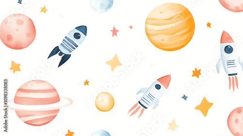 Watercolor Kids Space Pattern with Planets and Astronauts