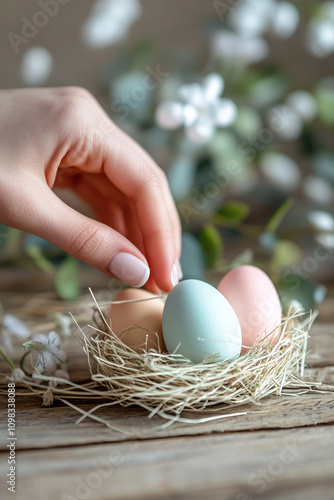 Delicate Placement of a Pastel Easter Egg in a Straw Nest
