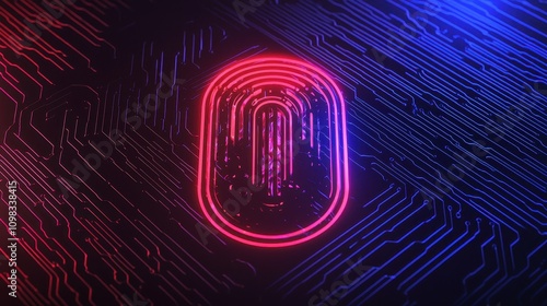 A vibrant, abstract representation of a fingerprint icon surrounded by a circuit-like pattern, illuminated in pink and blue hues.