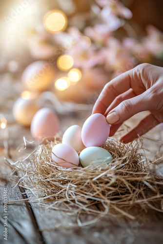 Delicate Placement of a Pastel Easter Egg in a Straw Nest