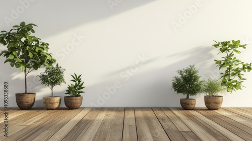 Indoor plants arranged in decorative pots on wooden floor with sunlight casting shadows