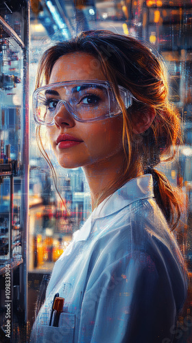 In futuristic realism, a close-up of a female scientist with protective glasses shows her focus and skill. Her innovative vision and dedication to her work stand out photo