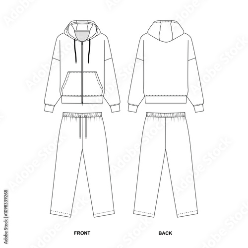 Illustration of fashionable tracksuit template for front and back view, vector. Set of sports and leisure clothing patterns, zipper hoodie with pockets and straight drawstring pants, on white 