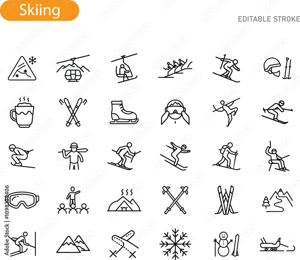 Fototapeta premium Skiing Icons Resort, Equipment, Activities, Winter Sports, Snow
