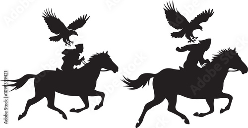 The image is a black silhouette of a horse in motion with a rider. The rider is depicted in a dynamic posture, appearing to urge the horse forward.