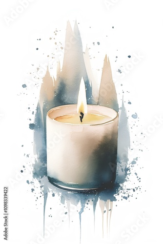 Watercolor illustration of a burning candle with blurred colors and splatter effect on white background. Candle in watercolor technique with blur effect