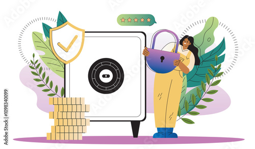 Woman with investment insurance. Young girl with padlock in hands near safe with gold coins. Financial literacy and passive income. Investor and trader. Flat vector illustration