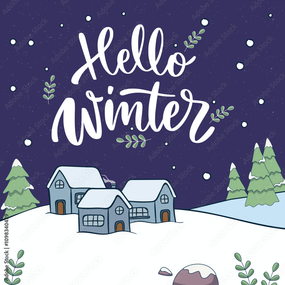 Fototapeta premium Hello winter snow holiday background card with small huts & tree