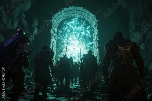 Party of adventurers entering a dungeon portal with visible group UI and buff icons, captured using wide-angle lens on mysterious portal glow, with copy space photo