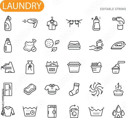 Laundry Icons Cleaning, Washing, Drying, Ironing, Folding, Clothing Care