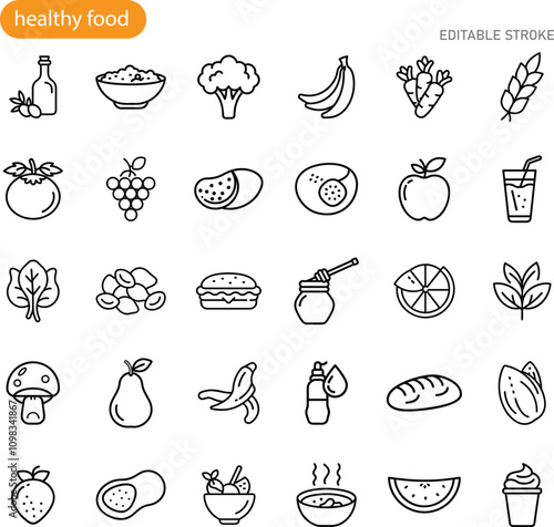Healthy Food Icons Fruits, Vegetables, Grains, and Drinks
