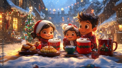 Joyful Children Enjoying Hot Cocoa in a Festive Winter Wonderland with Snow, Lights, and Christmas Decorations