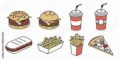 Fast Food and Drink Icon Collection – Vector Set, Delicious Fast Food & Drink  item design photo