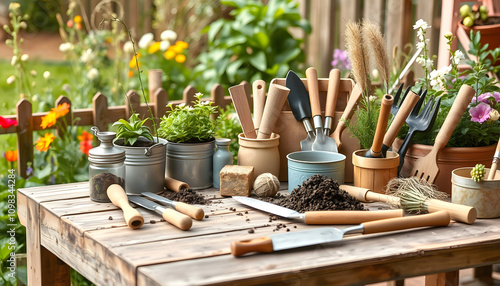 Gardening in the spring season. Gardening tools on a wooden garden table and a place for gardening supplies and other products isolated highlighted by white, png photo