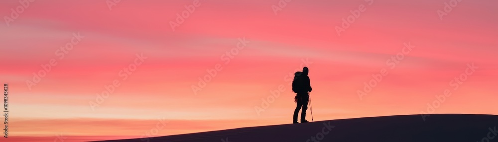 Fototapeta premium A mountain climber silhouetted against a brilliant sunrise, their form and gear detailed against the vibrant sky