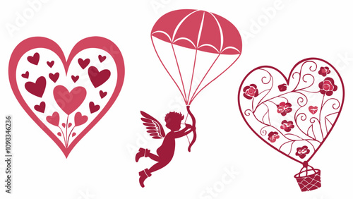 valentine day card with hearts and birds, Charming Heart Icons & Love Elements for Valentine's Day