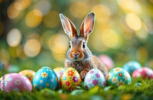 Wallpaper Mural Easter rabbit and colorful easter eggs on blurred background with bokeh Torontodigital.ca