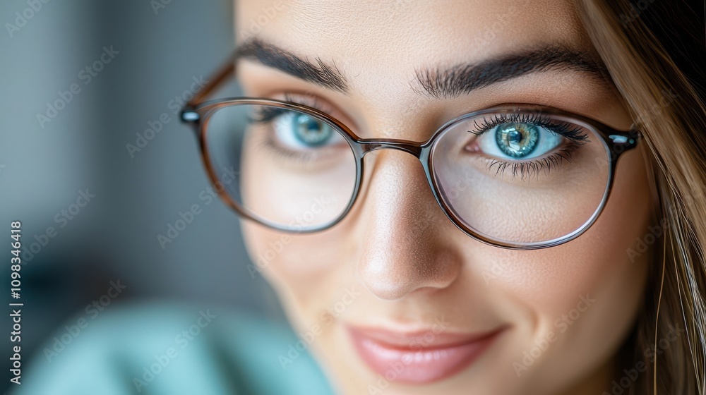 Fototapeta premium Confident and Professionally Dressed Female Corporate Headshot with Smiling Expression Beautiful Blonde Woman in Eyeglasses Posing for a Professional Headshot in a Corporate Office or Studio Setting
