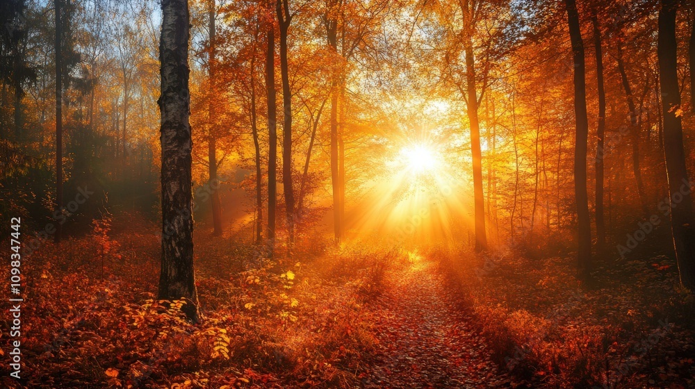 Fototapeta premium Sunbeams Illuminating a Path Through a Foggy Autumn Forest