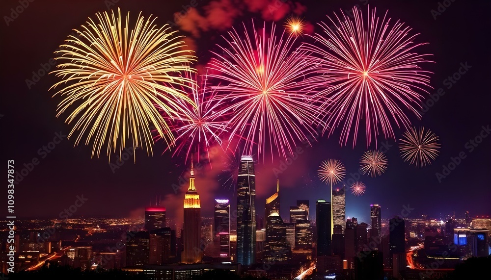 Fototapeta premium Fireworks over a city night.