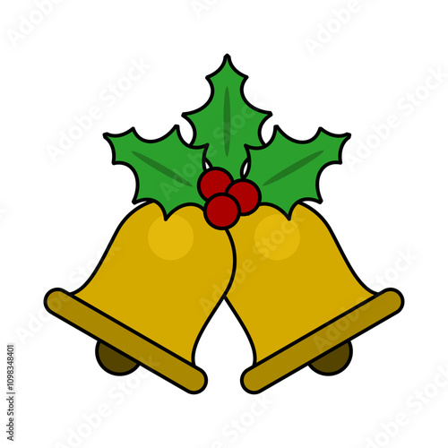 Golden color jingle bells decorated with holly berries for Christmas celebration. Cartoon flat icon for december winter holiday season. Vector with editable stroke.