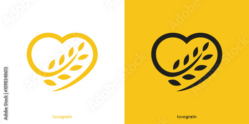 Creative Love Grain Logo. Love Shape and Wheat Grain Icon Graphic. Healthy Food Logo, Icon, Symbol, Vector, Design Template.