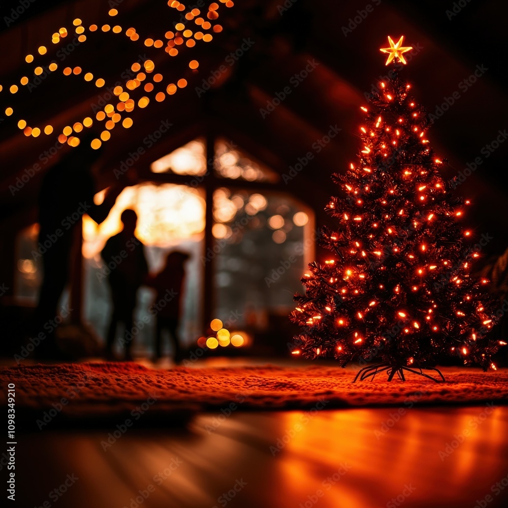 Obraz premium Cozy Christmas scene with a beautifully decorated tree and enchanting lights.