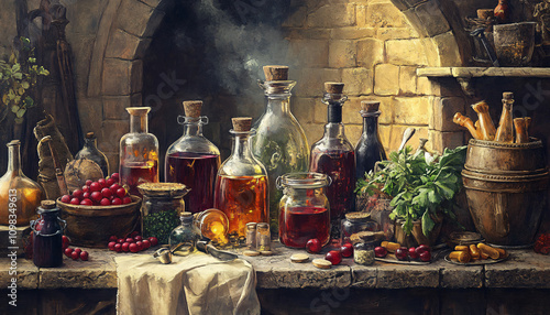 Atmospheric Scenes of an Alchemist's Workshop with Potions, Glass Bottles, and Mystical Tools Illuminated by Moody Light, Evoking Fantasy and Magic photo