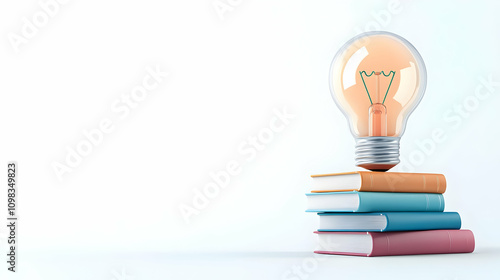 Stack of colorful books forming a light bulb shape on white background photo