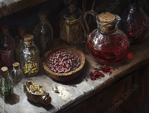 Atmospheric Scenes of an Alchemist's Workshop with Potions, Glass Bottles, and Mystical Tools Illuminated by Moody Light, Evoking Fantasy and Magic photo