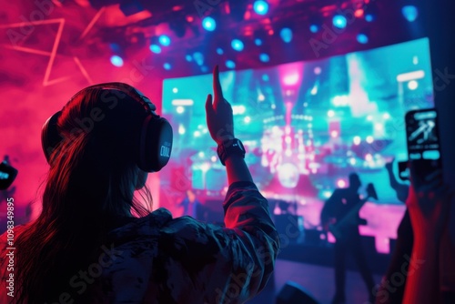 Players participating in a virtual concert event with event UI and emote icons, captured using wide-angle lens on dynamic stage lighting, with copy space photo