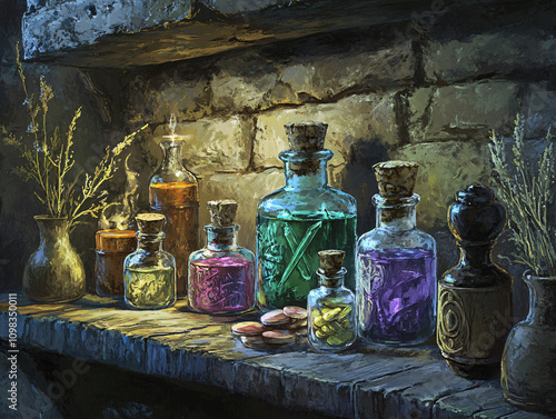 Atmospheric Scenes of an Alchemist's Workshop with Potions, Glass Bottles, and Mystical Tools Illuminated by Moody Light, Evoking Fantasy and Magic photo